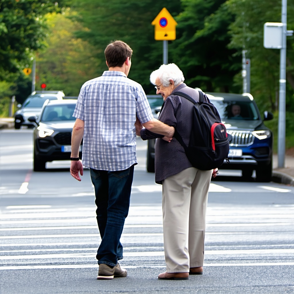 A young man helping a senior cross the street-1